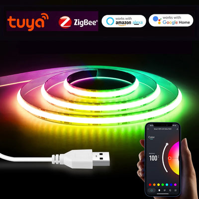 Tira LED COB Inteligente 5V USB — Luz Uniforme Sin Puntos, WiFi/Zigbee, RGB y Blanca