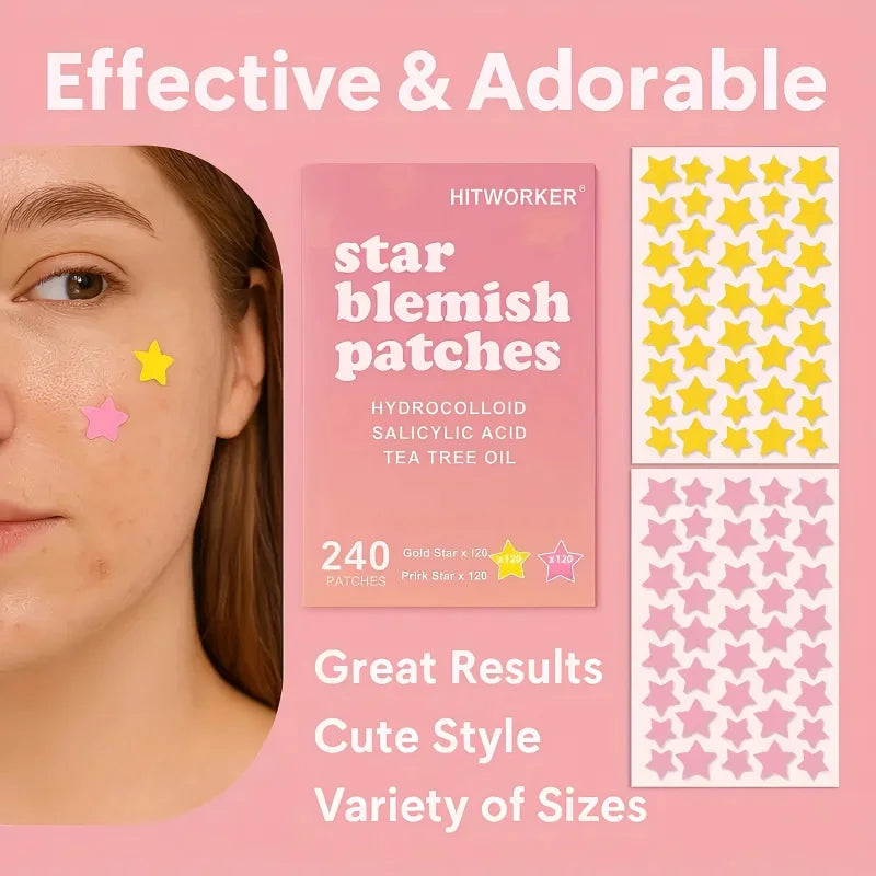 Star-Shaped Hydrogel Acne Patches — 240 Pink & Yellow Pimple Stickers, All Skin Types