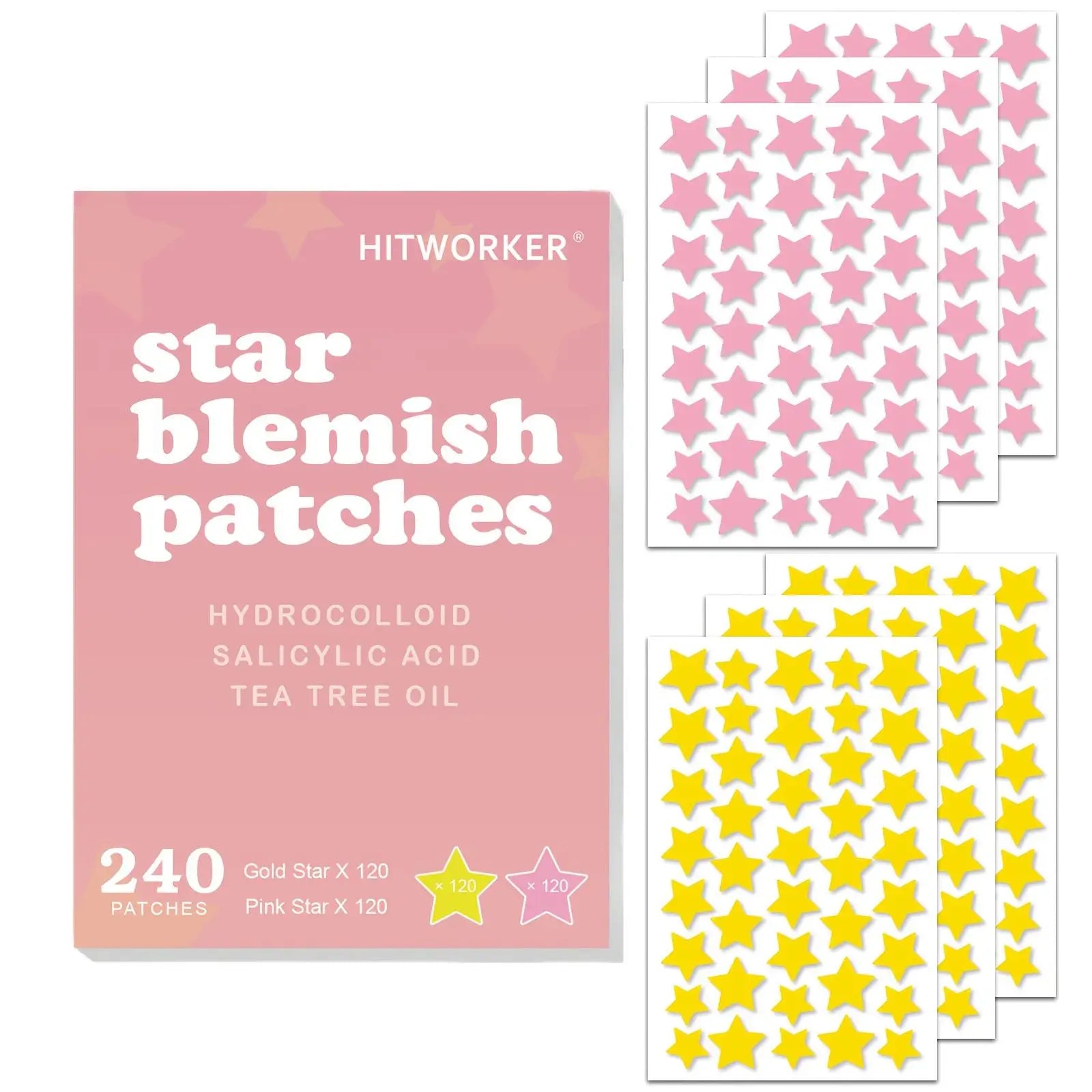 Star-Shaped Hydrogel Acne Patches — 240 Pink & Yellow Pimple Stickers, All Skin Types