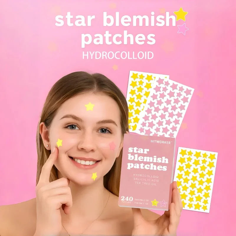 Star-Shaped Hydrogel Acne Patches — 240 Pink & Yellow Pimple Stickers, All Skin Types